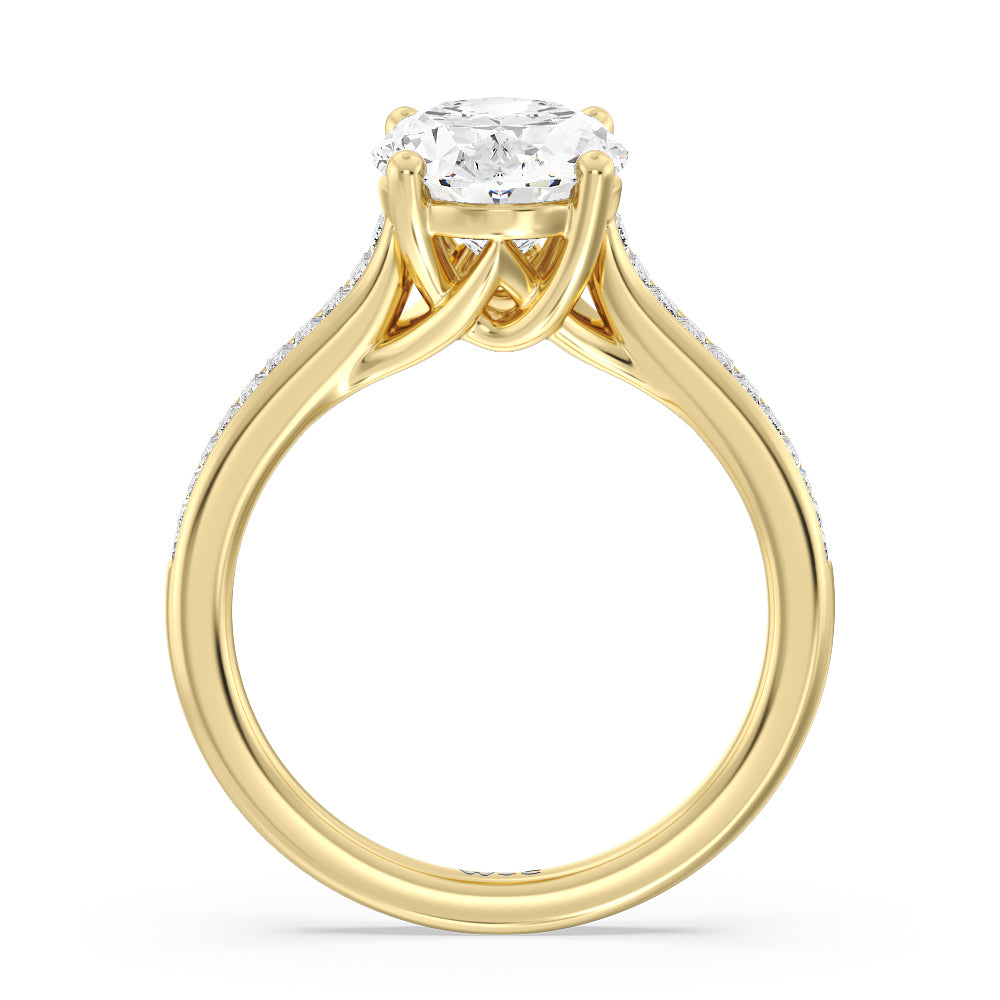 Baguette Studded Cathedral Shank Engagement Ring with Oval Cut Diamond in 14KT Yellow Gold view 2
