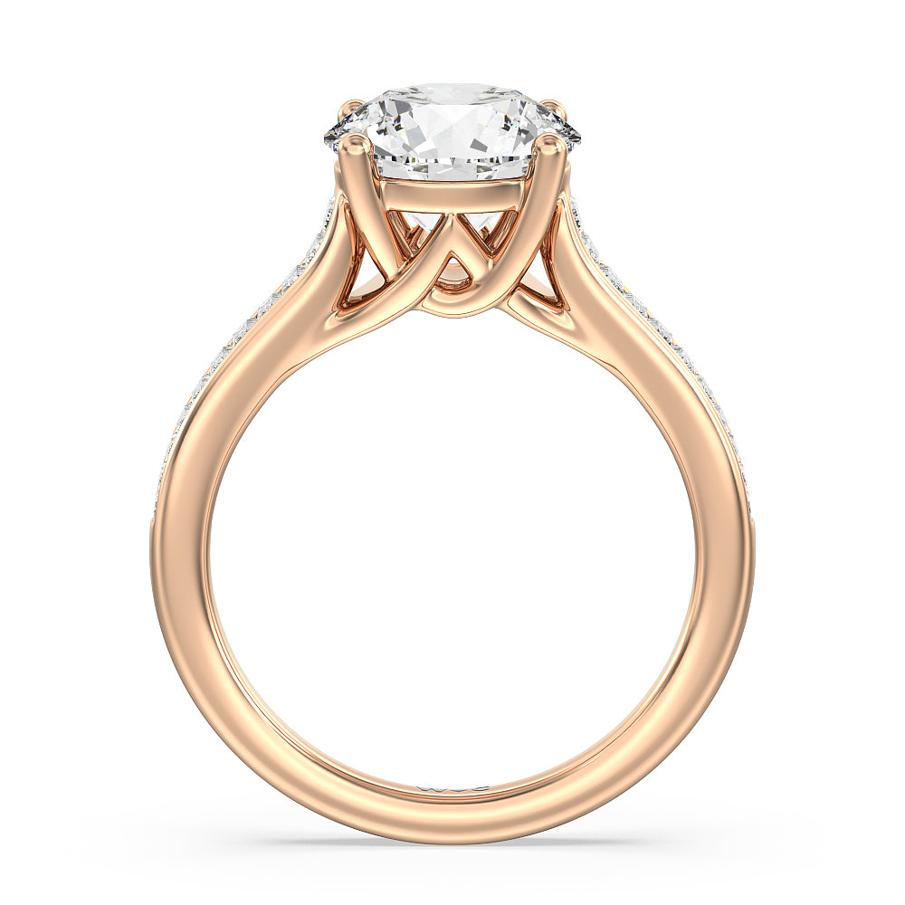 Baguette Studded Cathedral Shank Engagement Ring with Round Cut Diamond in 14KT Rose Gold view 2
