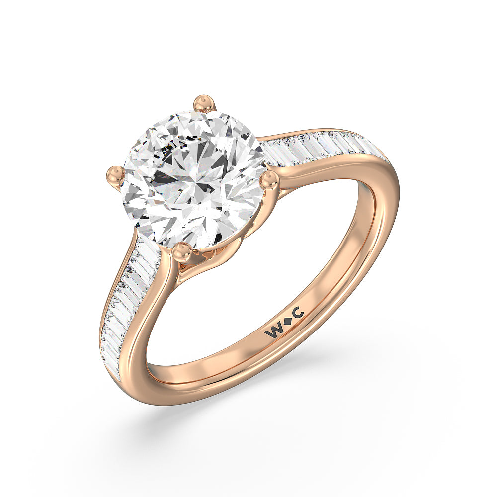 Baguette Studded Cathedral Shank Engagement Ring with Round Cut Diamond in 14KT Rose Gold view 3

