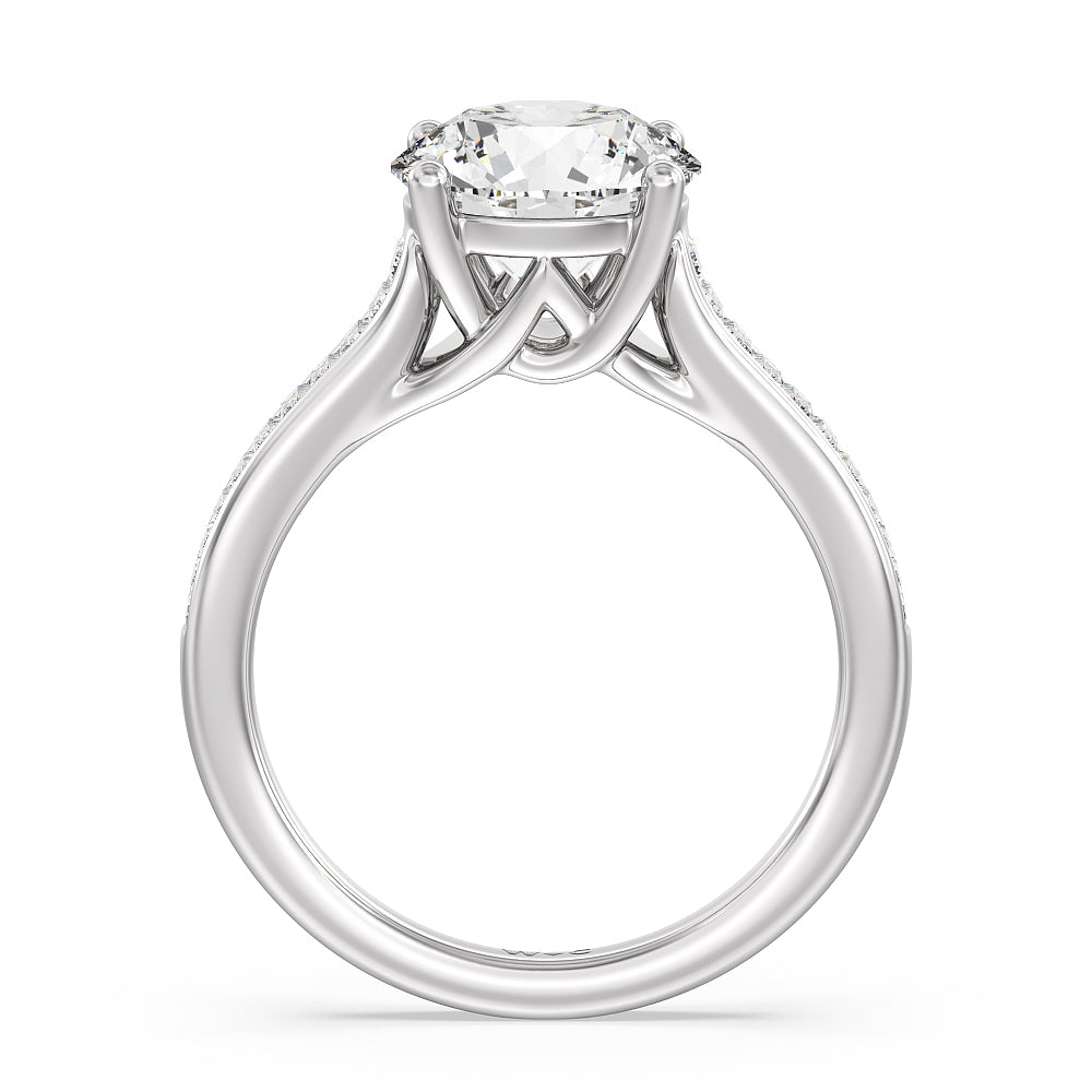 Baguette Studded Cathedral Shank Engagement Ring with Round Cut Diamond in 14KT Platinum view 2
