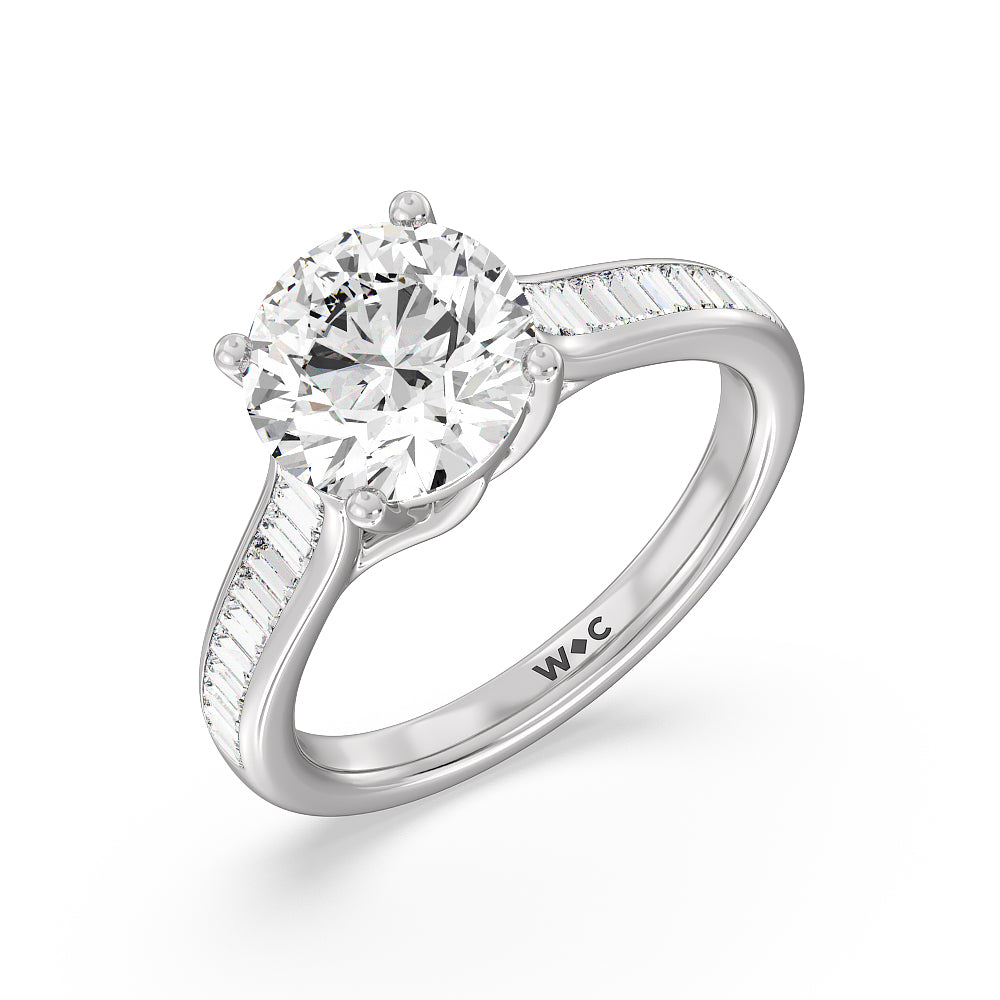 Baguette Studded Cathedral Shank Engagement Ring with Round Cut Diamond in 14KT Platinum view 3
