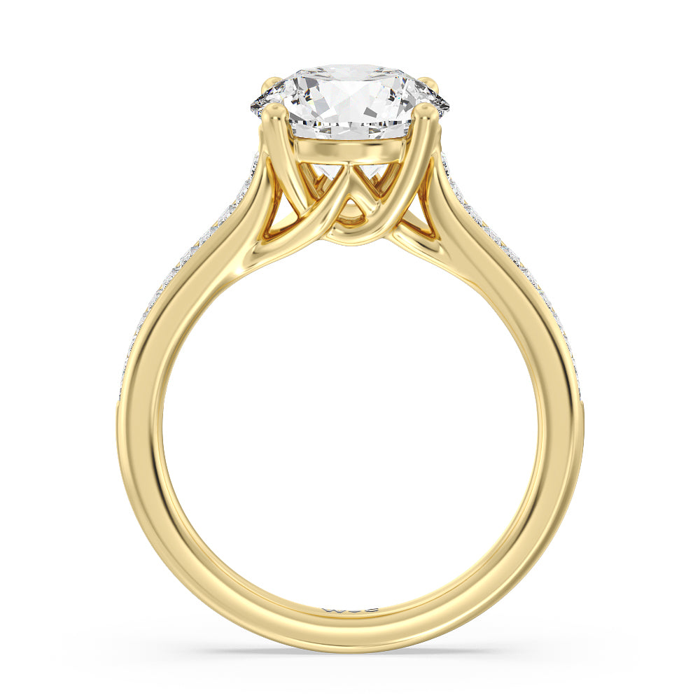 Baguette Studded Cathedral Shank Engagement Ring with Round Cut Diamond in 14KT Yellow Gold view 2
