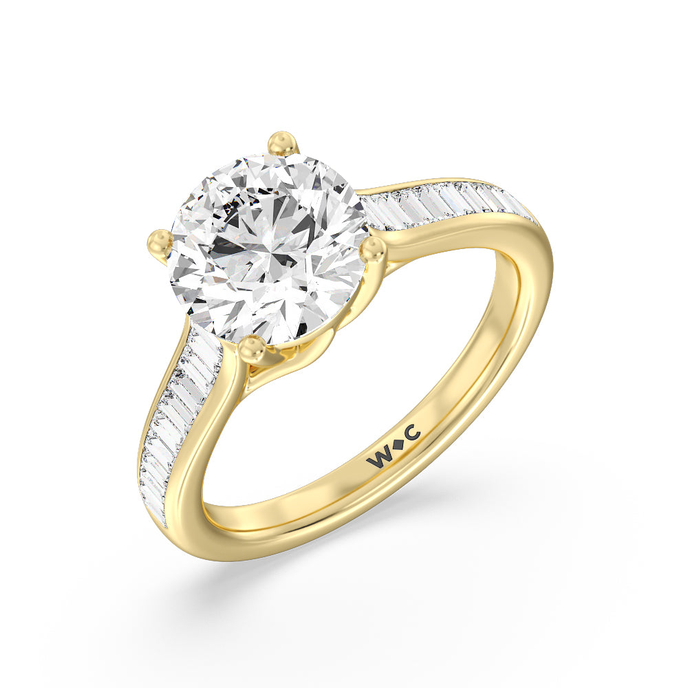 Baguette Studded Cathedral Shank Engagement Ring with Round Cut Diamond in 14KT Yellow Gold view 3
