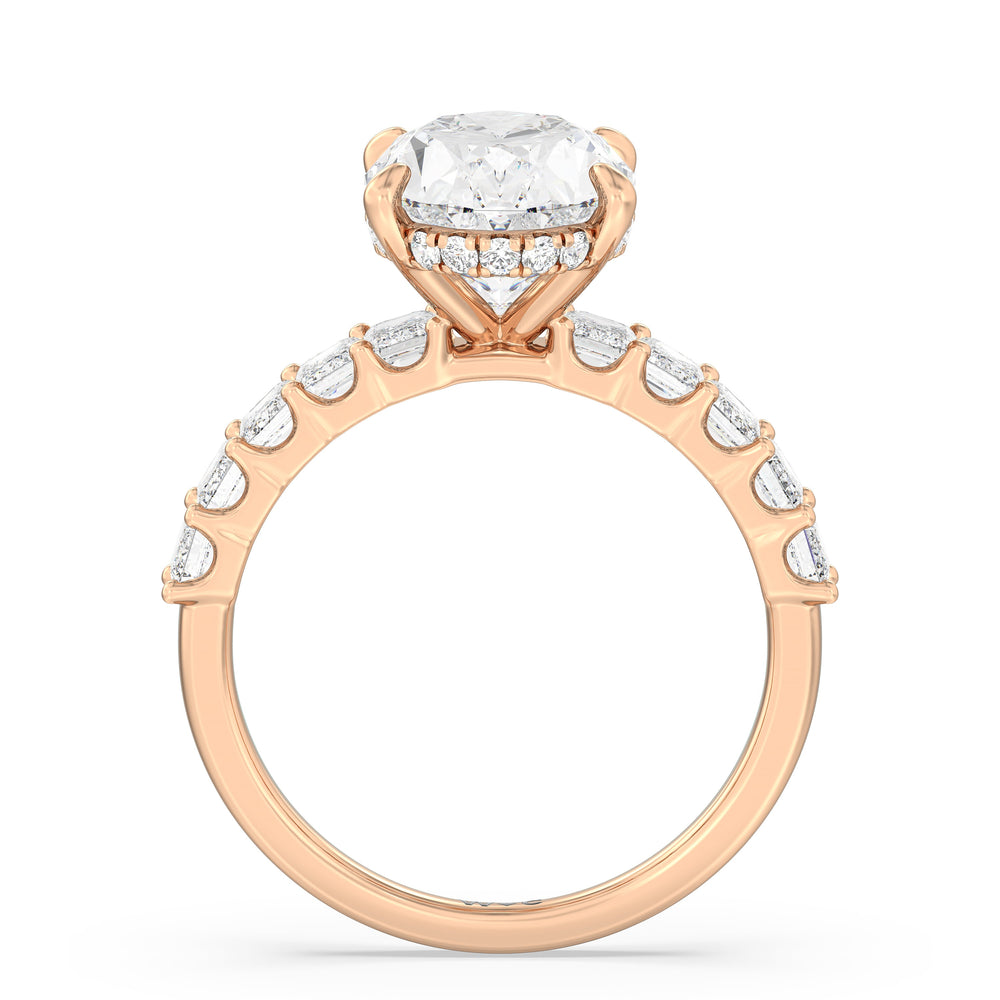 Hidden Halo Emerald Side Stones Engagement Ring with Round Cut Diamond in 14KT Rose Gold view 2

