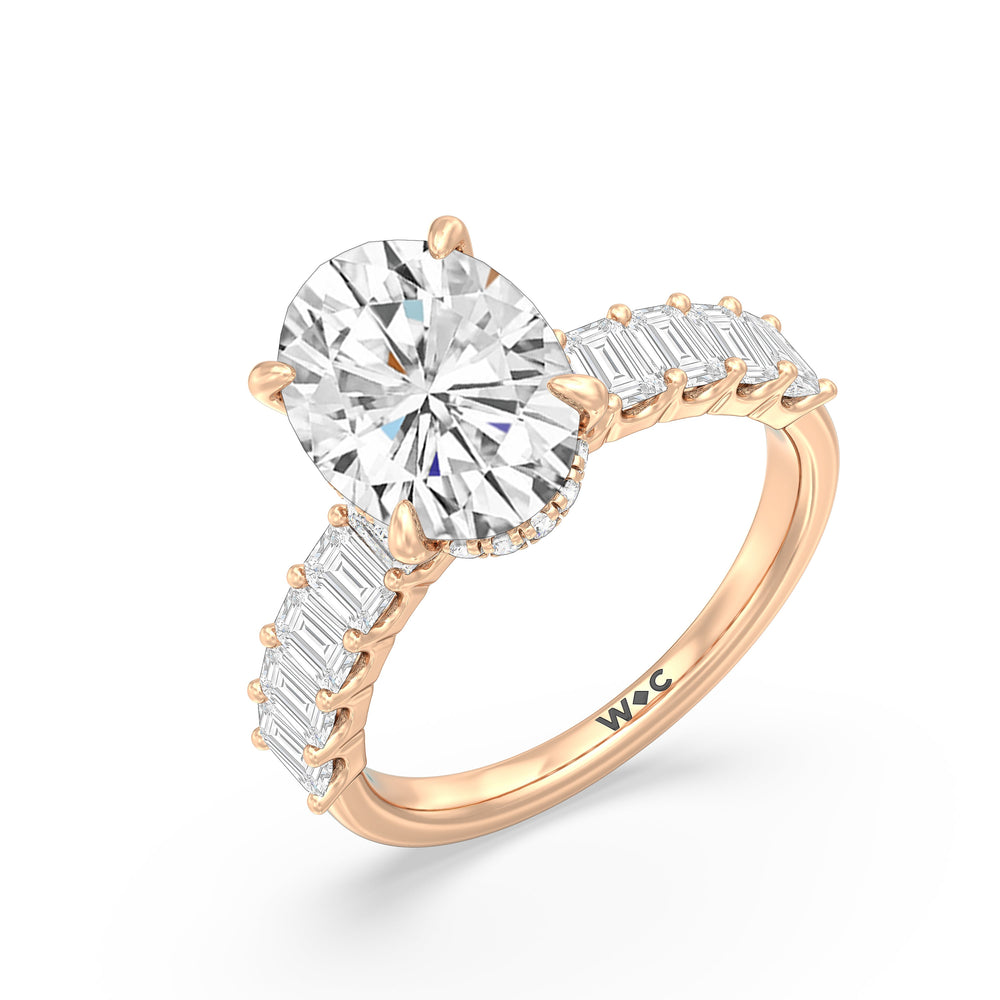 Hidden Halo Emerald Side Stones Engagement Ring with Oval Cut Diamond in 14KT Rose Gold view 3
