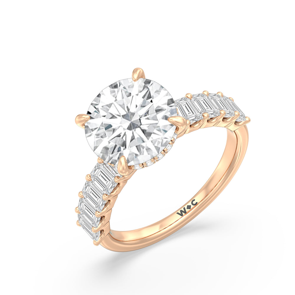 Hidden Halo Emerald Side Stones Engagement Ring with Round Cut Diamond in 14KT Rose Gold view 3
