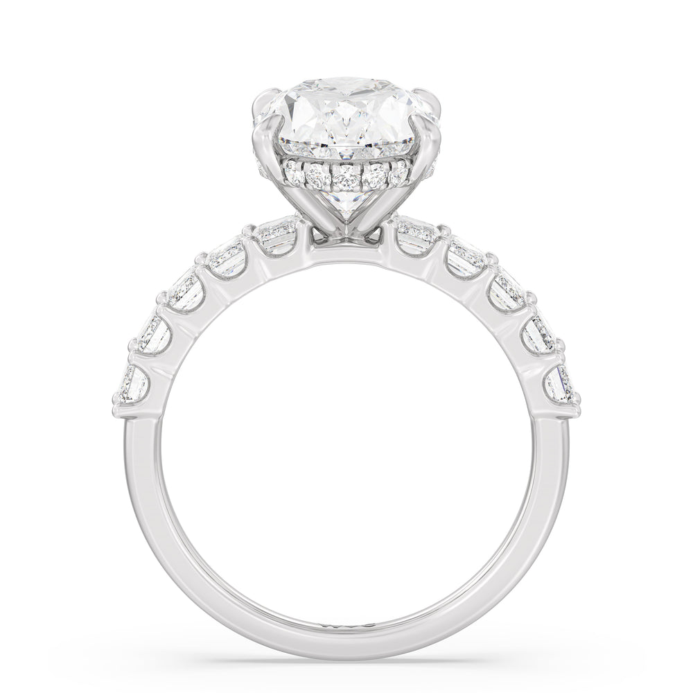 Hidden Halo Emerald Side Stones Engagement Ring with Oval Cut Diamond in 14KT Platinum view 2
