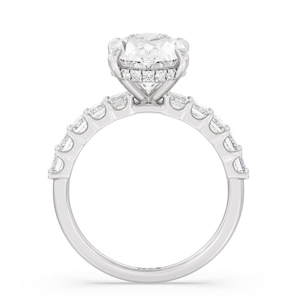 Hidden Halo Emerald Side Stones Engagement Ring with Round Cut Diamond in 14KT Platinum view 2
