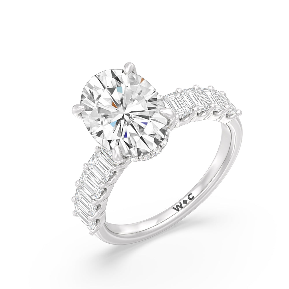 Hidden Halo Emerald Side Stones Engagement Ring with Oval Cut Diamond in 14KT Platinum view 3
