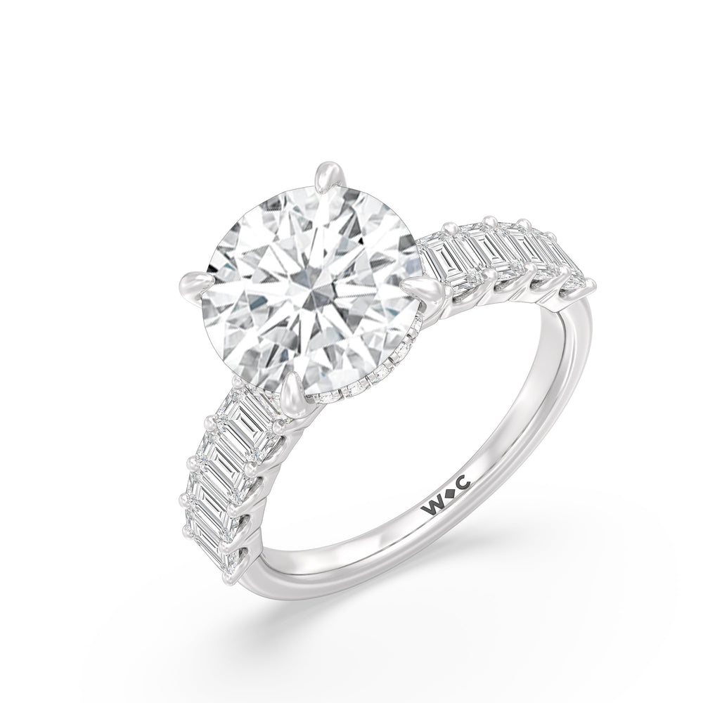 Hidden Halo Emerald Side Stones Engagement Ring with Round Cut Diamond in 14KT Platinum view 3
