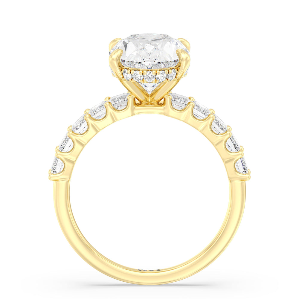 Hidden Halo Emerald Side Stones Engagement Ring with Oval Cut Diamond in 14KT Yellow Gold view 4
