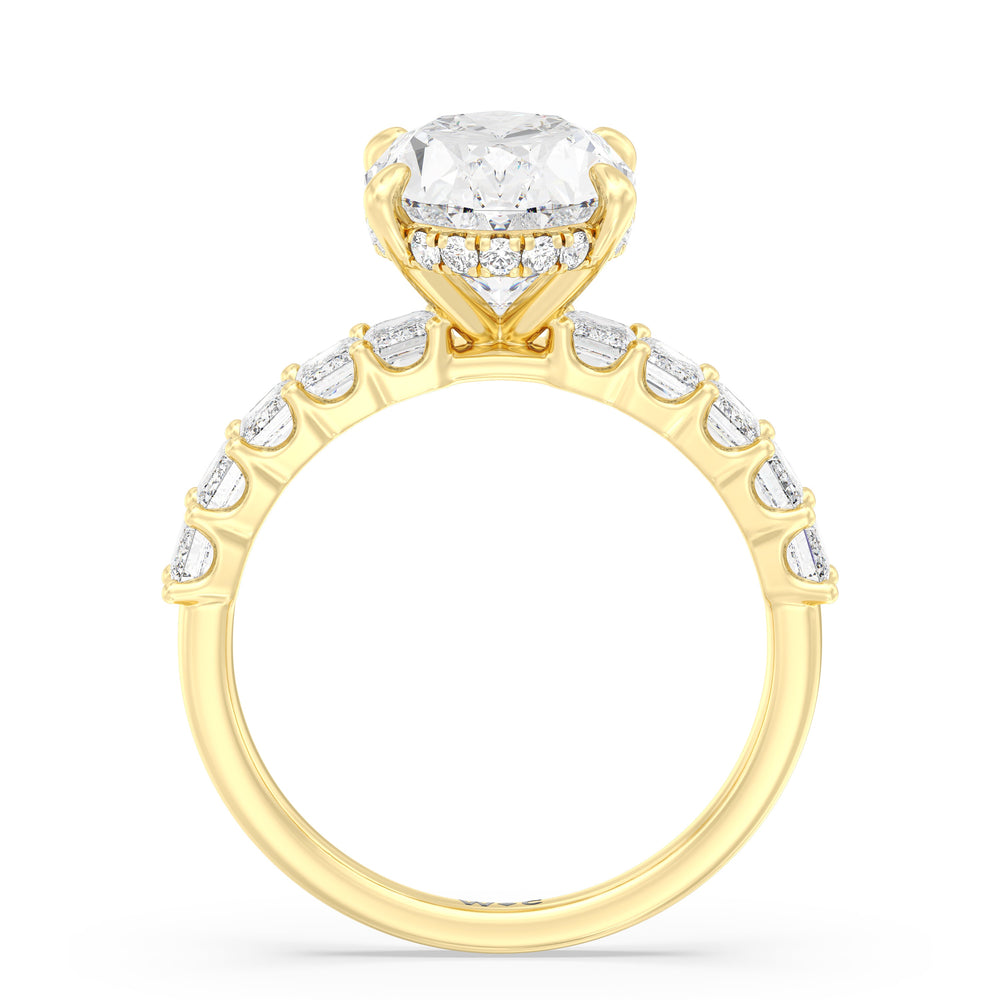 Hidden Halo Emerald Side Stones Engagement Ring with Round Cut Diamond in 14KT Yellow Gold view 2
