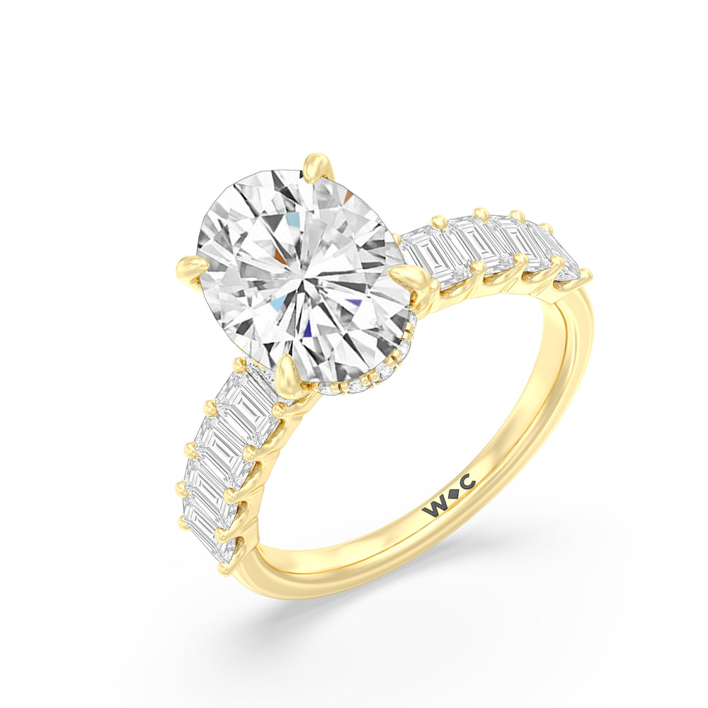 Hidden Halo Emerald Side Stones Engagement Ring with Oval Cut Diamond in 14KT Yellow Gold view 3
