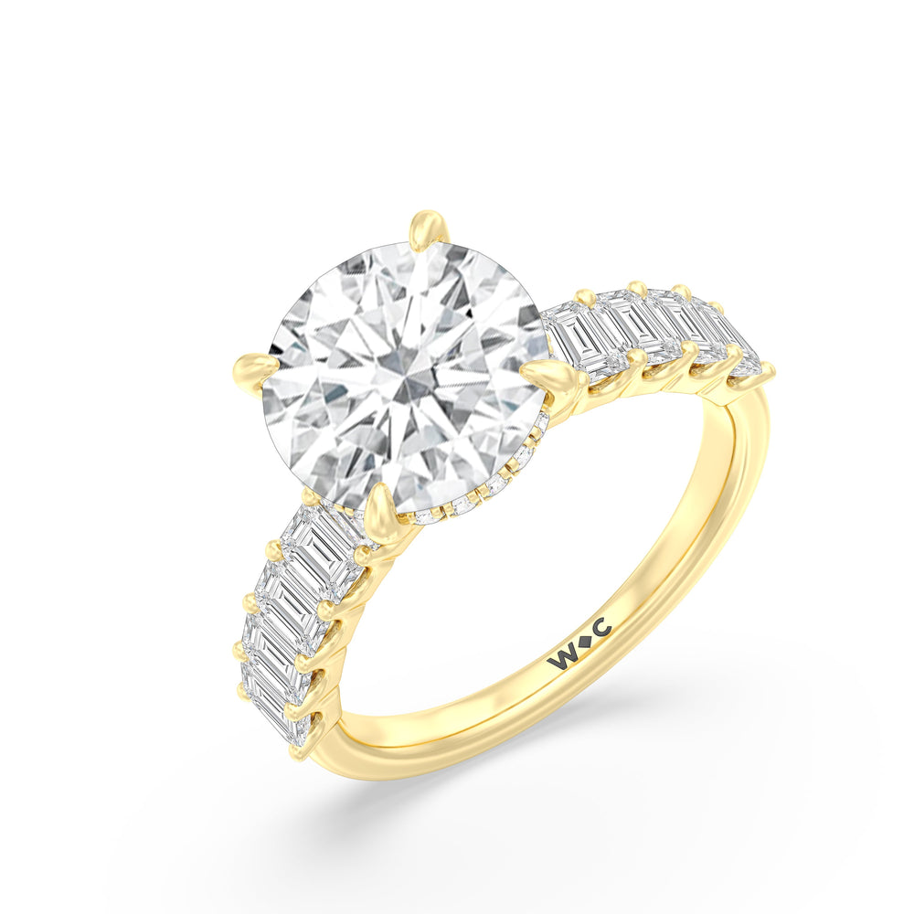 Hidden Halo Emerald Side Stones Engagement Ring with Round Cut Diamond in 14KT Yellow Gold view 3
