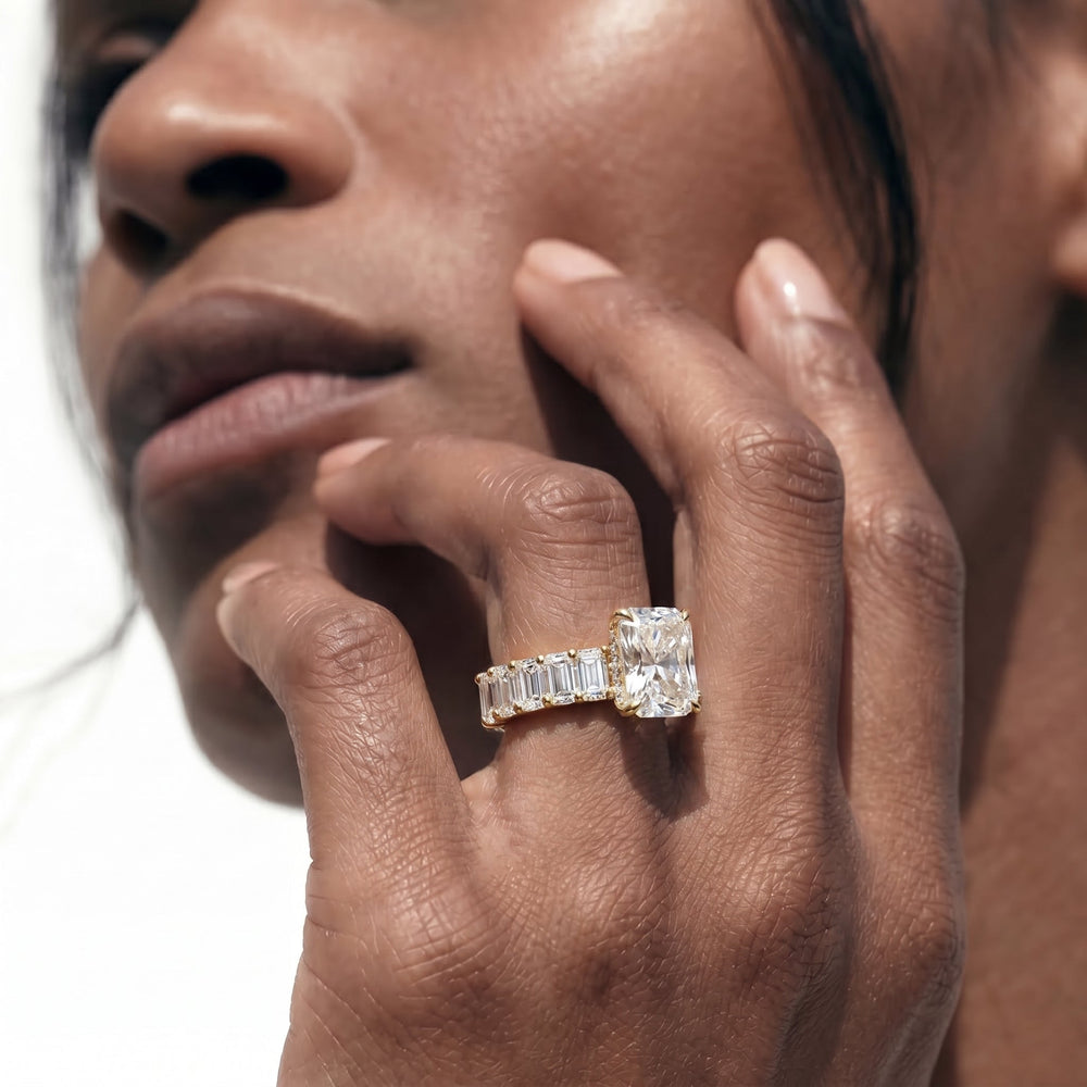 Hidden Halo Emerald Side Stones Engagement Ring with Elongated Cushion Cut Diamond in 14KT Rose Gold view 3
