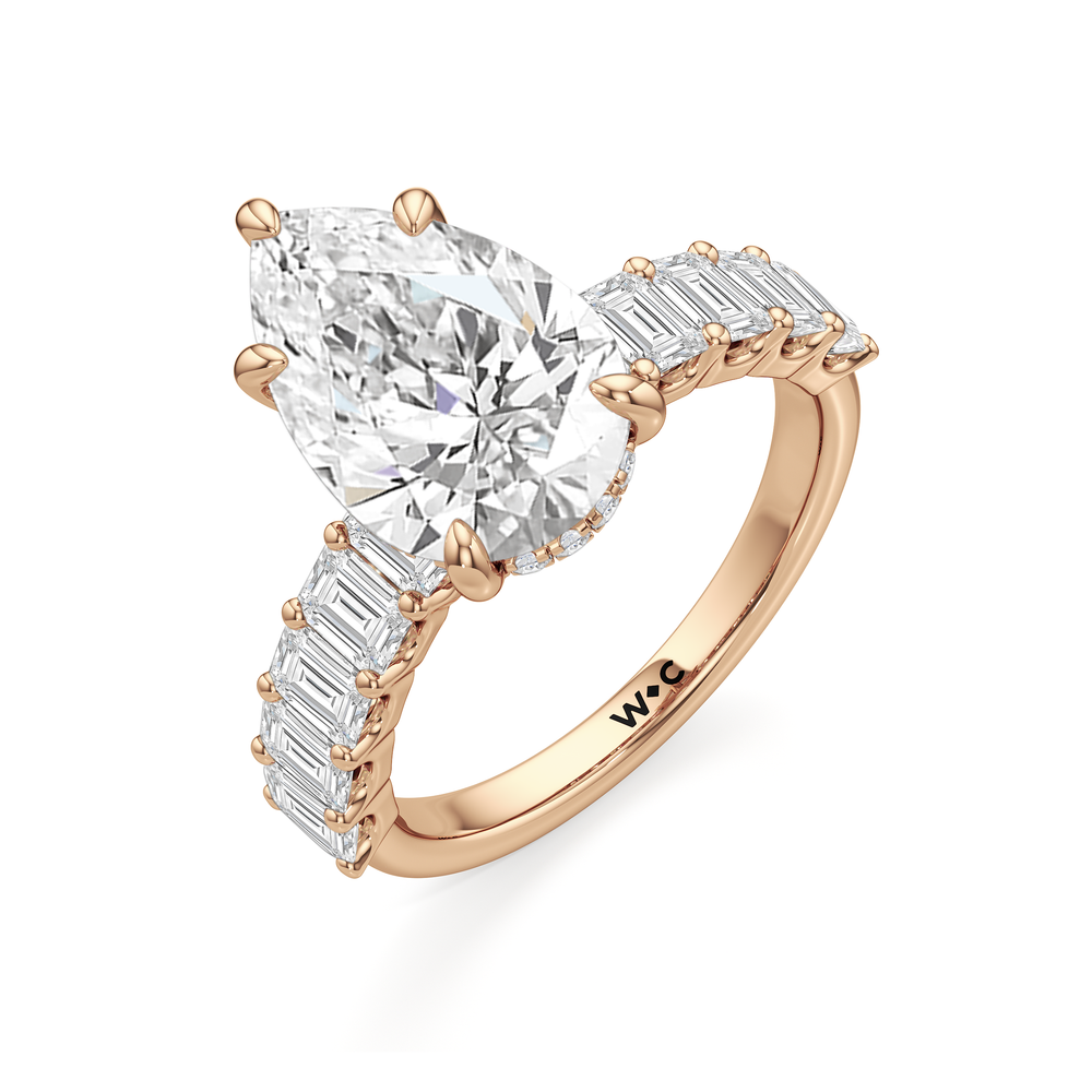 Hidden Halo Emerald Side Stones Engagement Ring with Pear Cut Diamond in 14KT Rose Gold view 5
