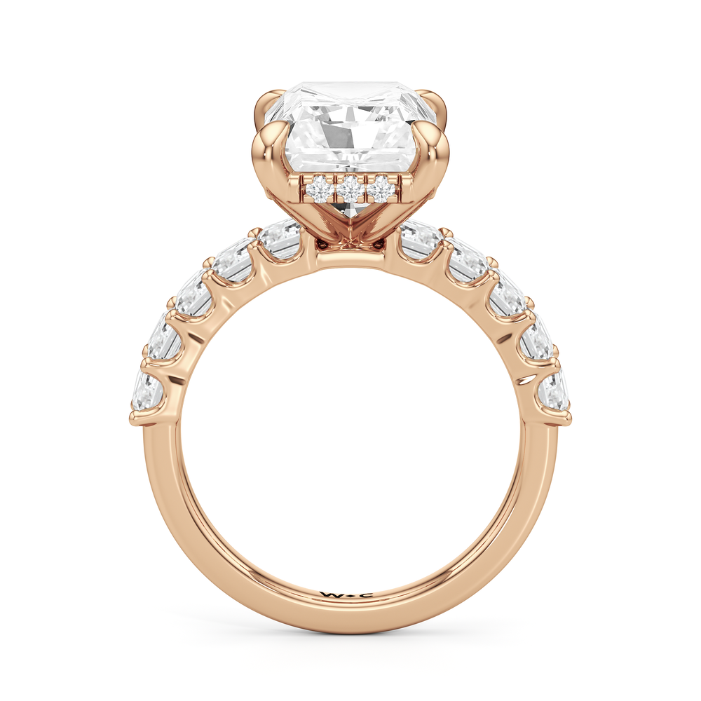 Radiant Cut Hidden Halo Emerald Side Stones Engagement Ring with Lab Grown Diamond in 14KT Rose Gold view 4
