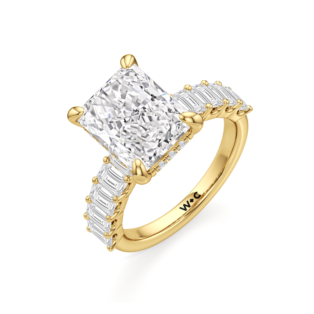 Radiant Cut Hidden Halo Emerald Side Stones Engagement Ring with Lab Grown Diamond in 14KT Yellow Gold view 5
