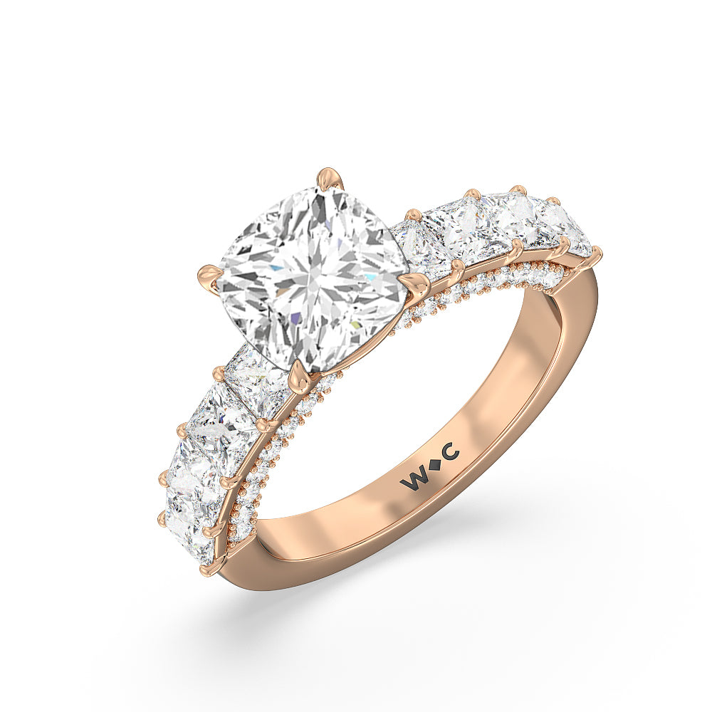 Gallery Studded Princess Cut Engagement Ring with Cushion Cut Diamond in 14KT Rose Gold view 3
