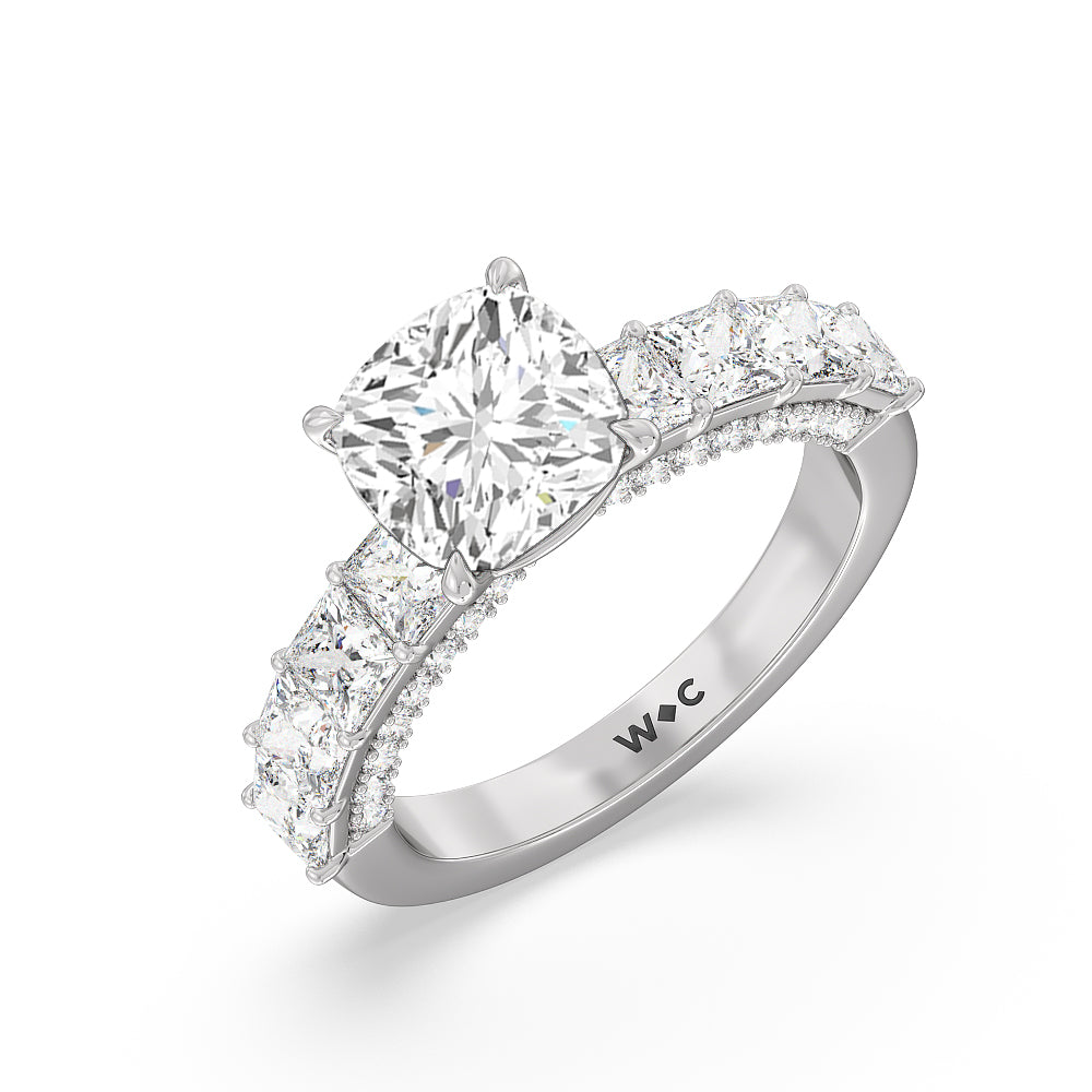 Gallery Studded Princess Cut Engagement Ring with Cushion Cut Diamond in 14KT Platinum view 3

