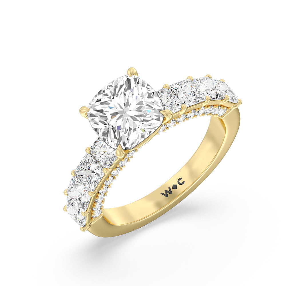 Gallery Studded Princess Cut Engagement Ring with Cushion Cut Diamond in 14KT Yellow Gold view 3
