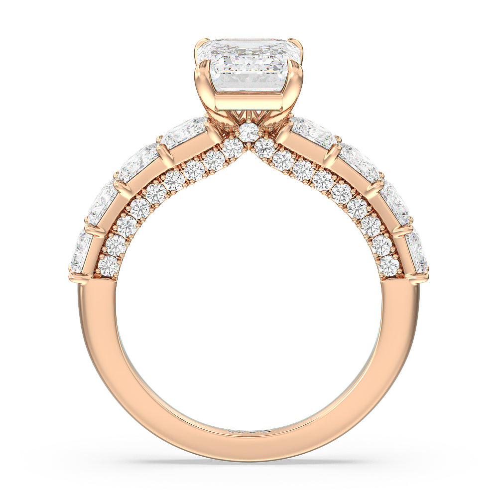 Gallery Studded Princess Cut Engagement Ring with Emerald Cut Diamond in 14KT Rose Gold view 2
