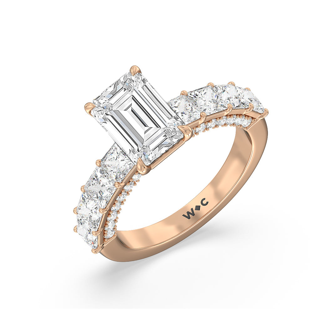 Gallery Studded Princess Cut Engagement Ring with Emerald Cut Diamond in 14KT Rose Gold view 3
