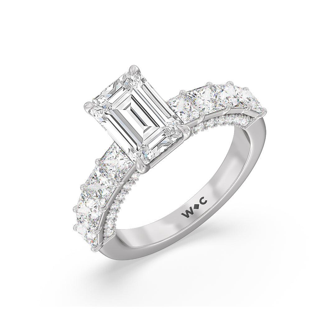 Gallery Studded Princess Cut Engagement Ring with Emerald Cut Diamond in 14KT Platinum view 3

