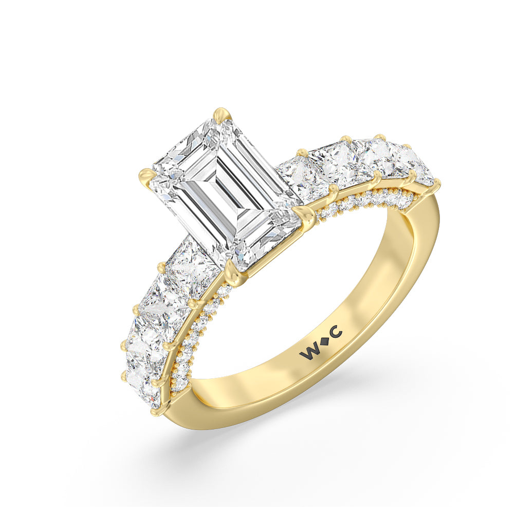 Gallery Studded Princess Cut Engagement Ring with Emerald Cut Diamond in 14KT Yellow Gold view 3
