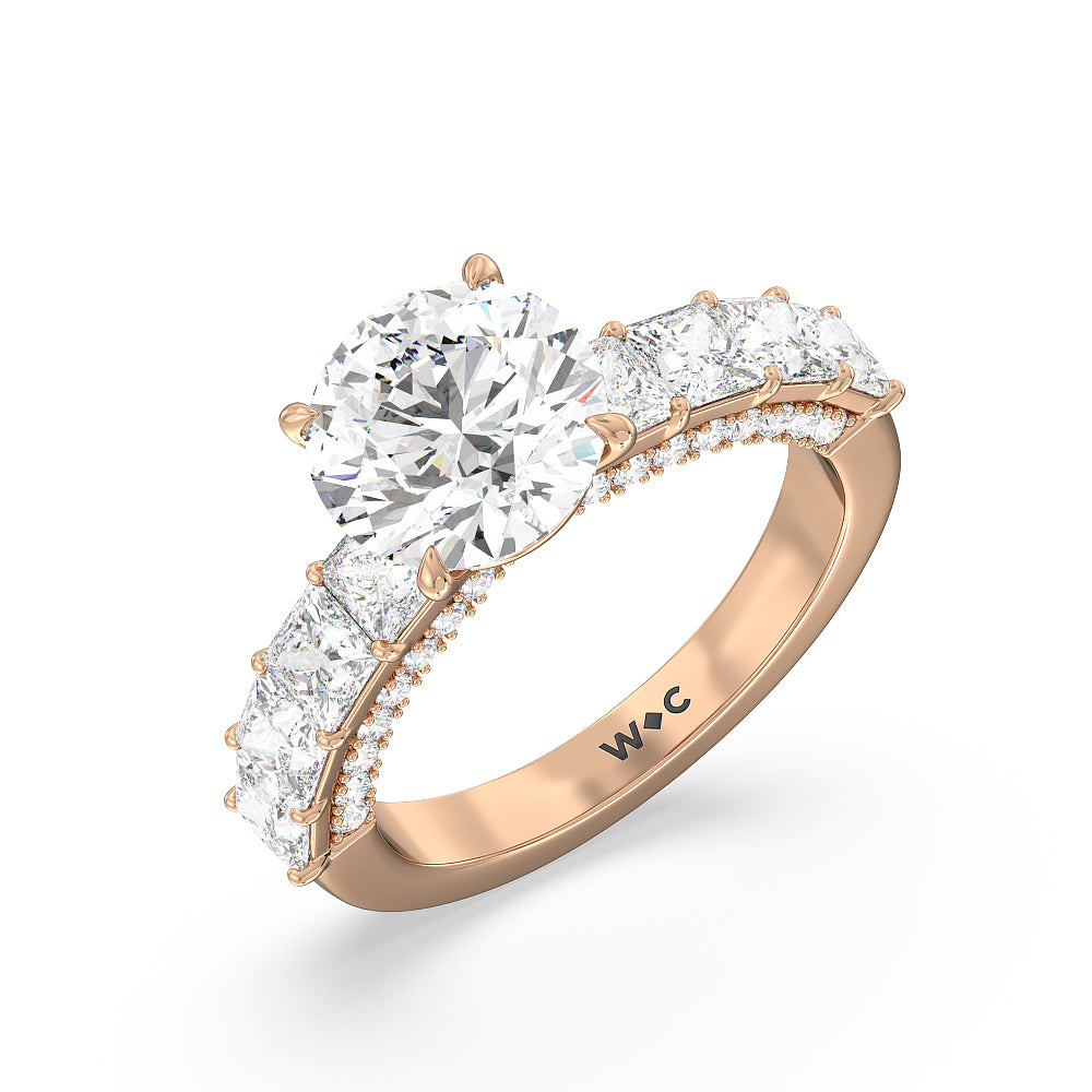 Gallery Studded Princess Cut Engagement Ring with Round Cut Diamond in 14KT Rose Gold view 3
