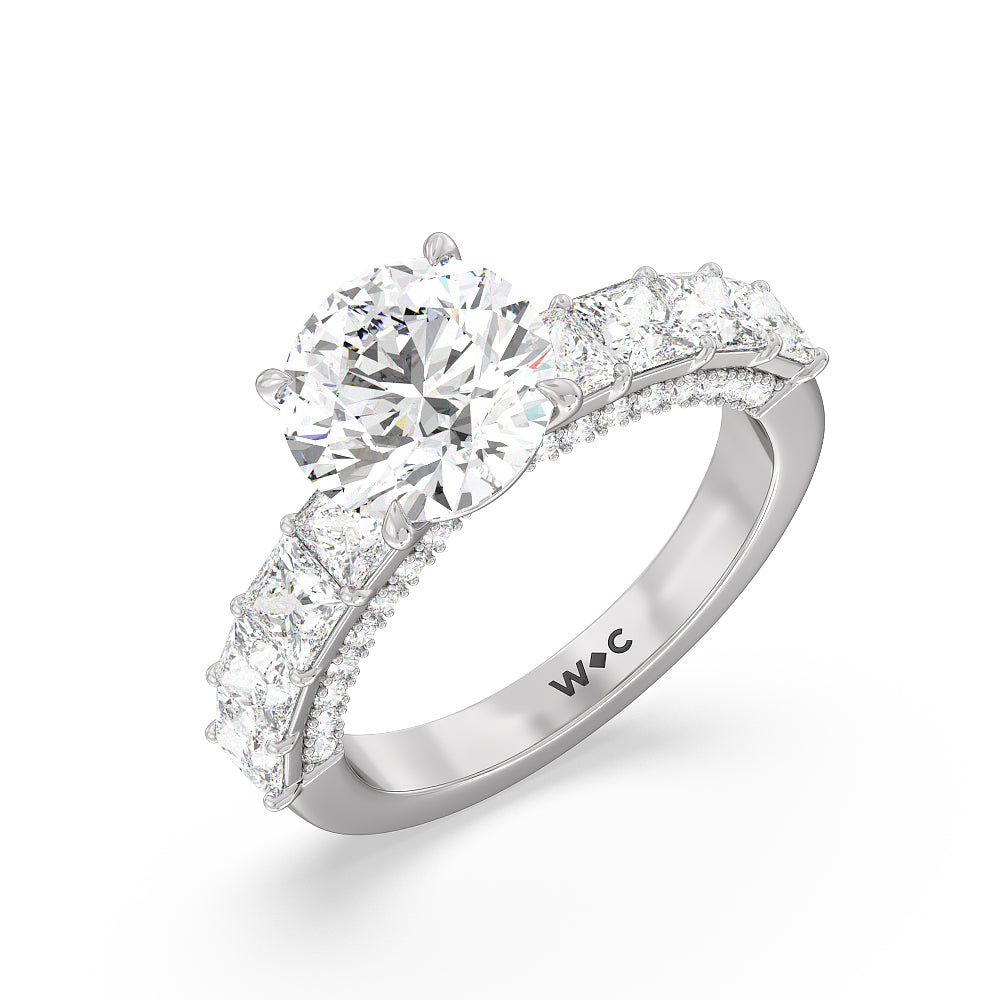 Gallery Studded Princess Cut Engagement Ring with Round Cut Diamond in 14KT Platinum view 3
