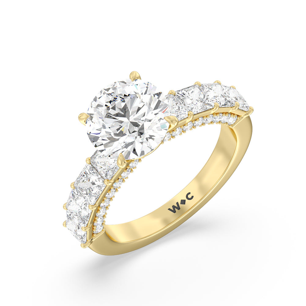 Gallery Studded Princess Cut Engagement Ring with Round Cut Diamond in 14KT Yellow Gold view 3
