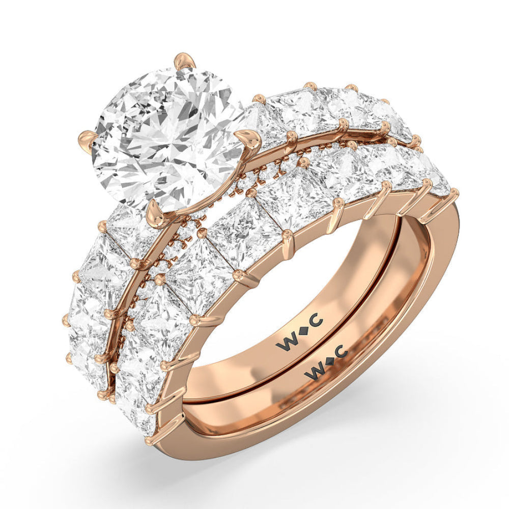 Gallery Studded Princess Cut Engagement Ring with Emerald Cut Diamond in 14KT Rose Gold view 6

