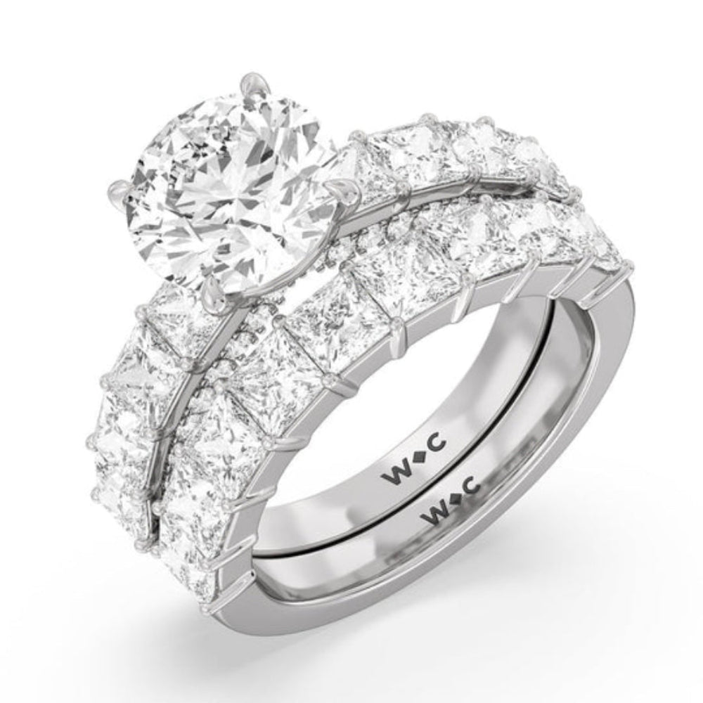 Gallery Studded Princess Cut Engagement Ring with Emerald Cut Diamond in 14KT Rose Gold view 4
