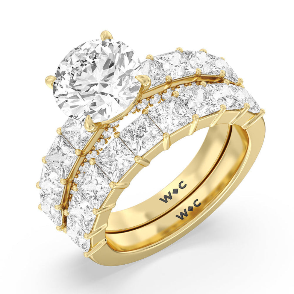Gallery Studded Princess Cut Engagement Ring with Emerald Cut Diamond in 14KT Rose Gold view 5
