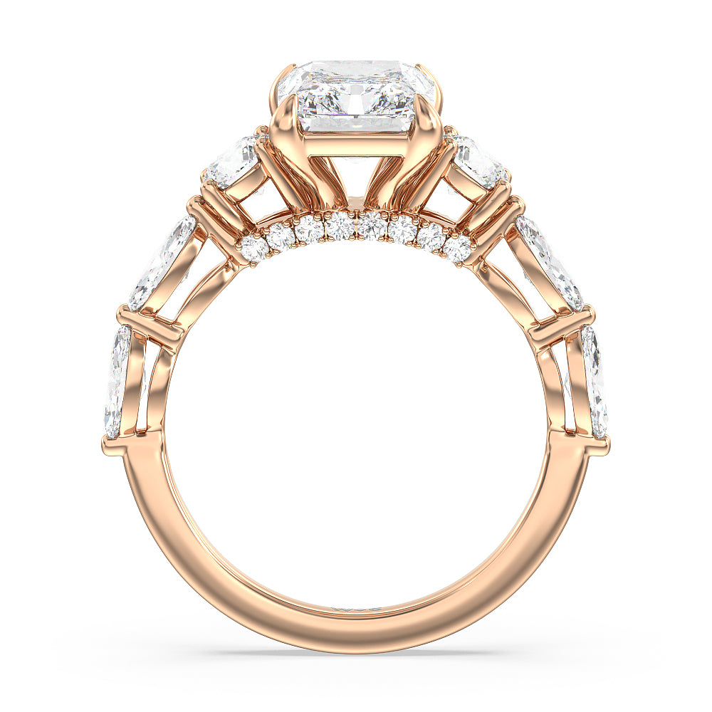 Fancy Cut Side Stone with Bridge Accent Engagement Ring with Radiant Cut Diamond in 14KT Rose Gold view 2
