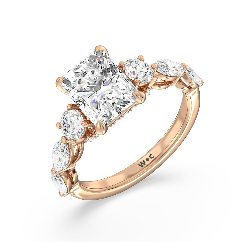 Fancy Cut Side Stone with Bridge Accent Engagement Ring with Radiant Cut Diamond in 14KT Rose Gold view 3
