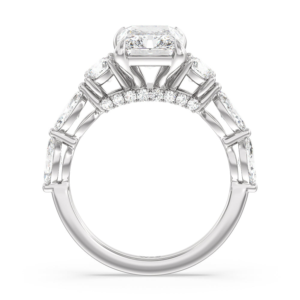 Fancy Cut Side Stone with Bridge Accent Engagement Ring with Radiant Cut Diamond in 14KT Platinum view 2
