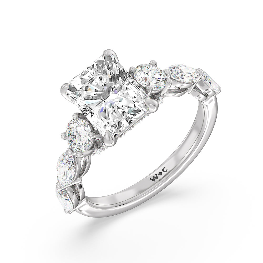 Fancy Cut Side Stone with Bridge Accent Engagement Ring with Radiant Cut Diamond in 14KT Platinum view 3
