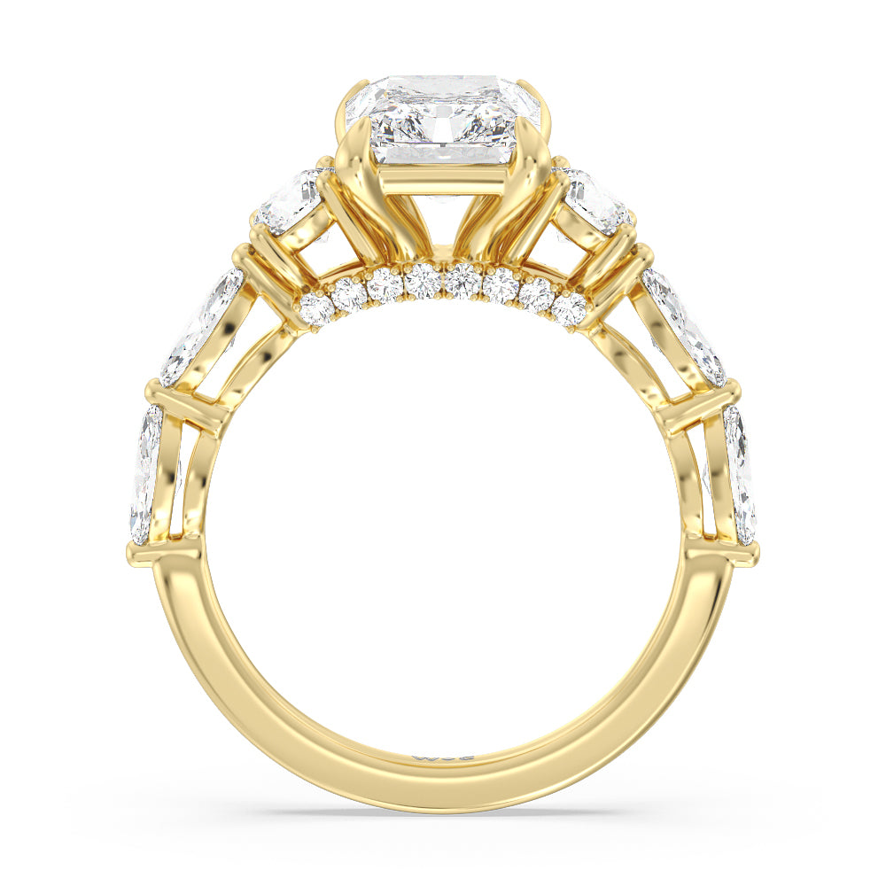 Fancy Cut Side Stone with Bridge Accent Engagement Ring with Radiant Cut Diamond in 14KT Yellow Gold view 2
