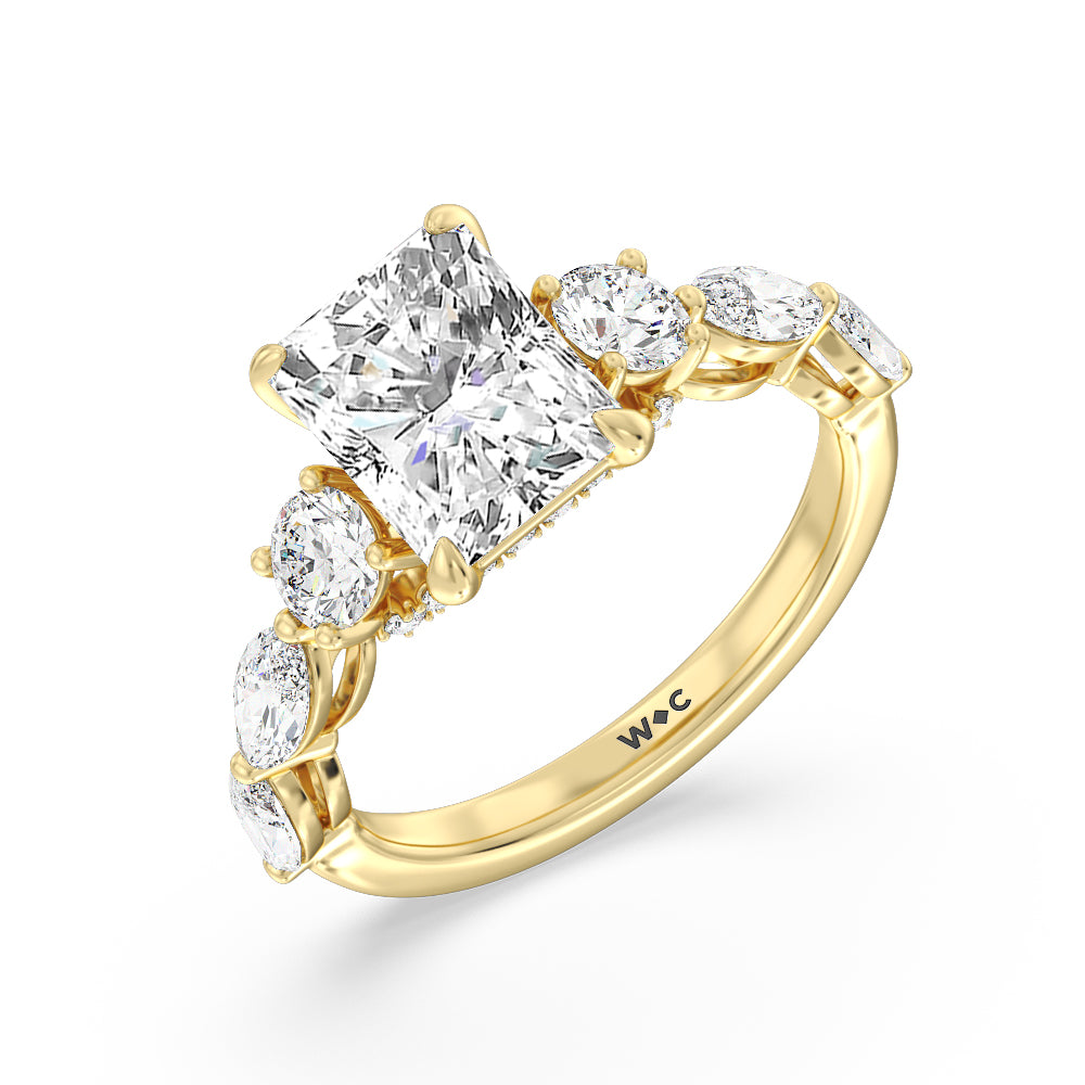 Fancy Cut Side Stone with Bridge Accent Engagement Ring with Radiant Cut Diamond in 14KT Yellow Gold view 3
