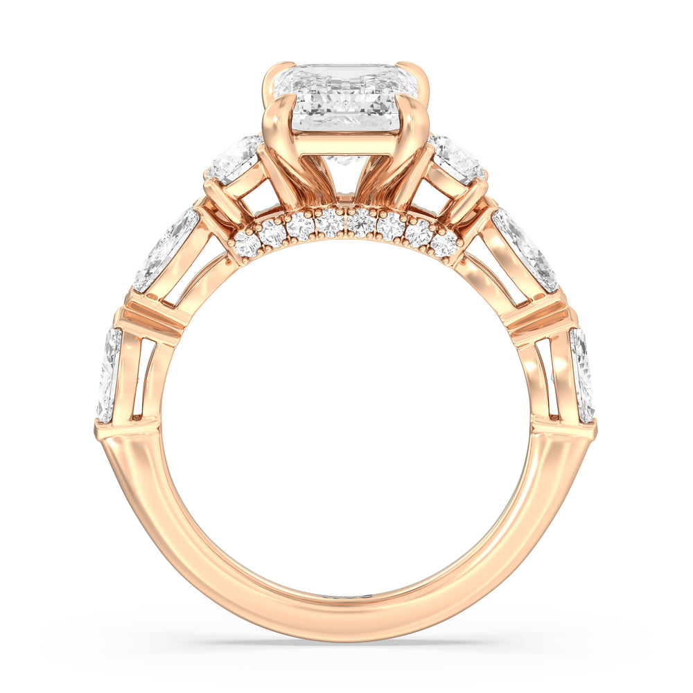 Fancy Cut Side Stone with Bridge Accent Engagement Ring with Emerald Cut Diamond in 14KT Rose Gold view 3
