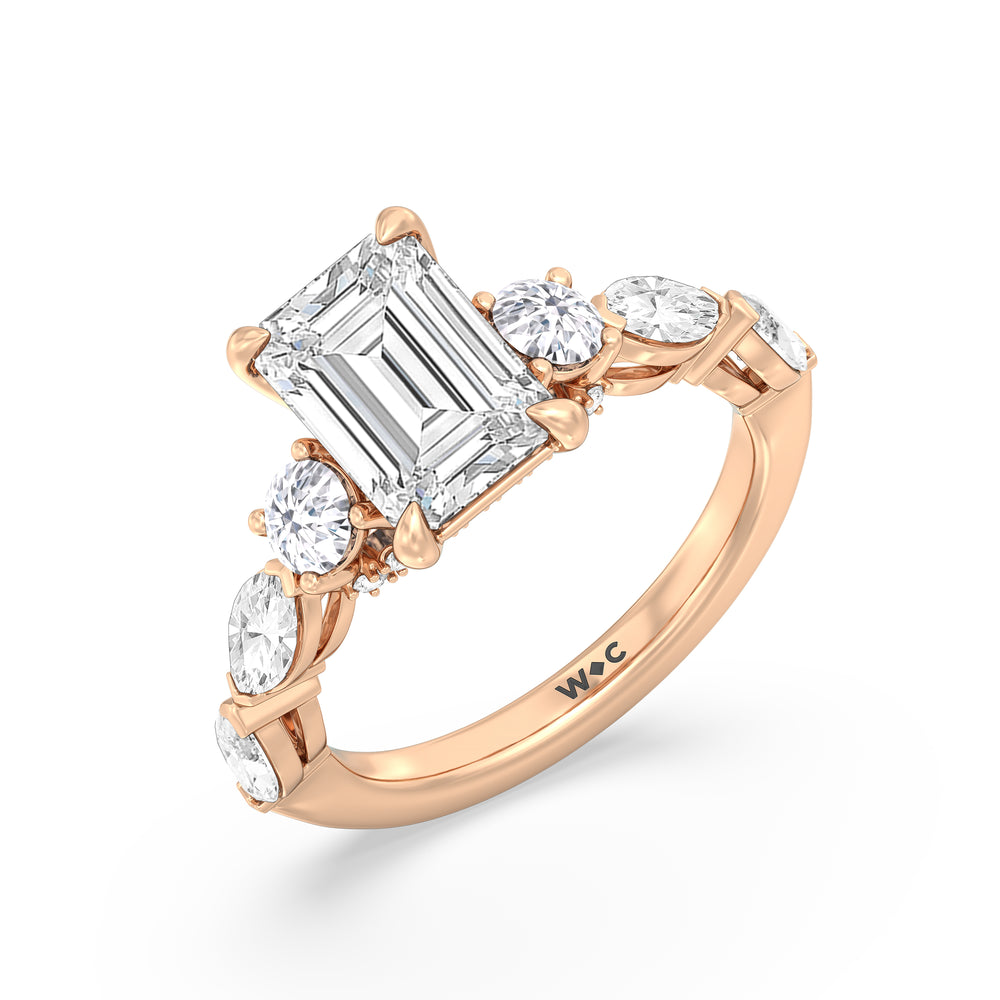 Fancy Cut Side Stone with Bridge Accent Engagement Ring with Emerald Cut Diamond in 14KT Rose Gold view 2
