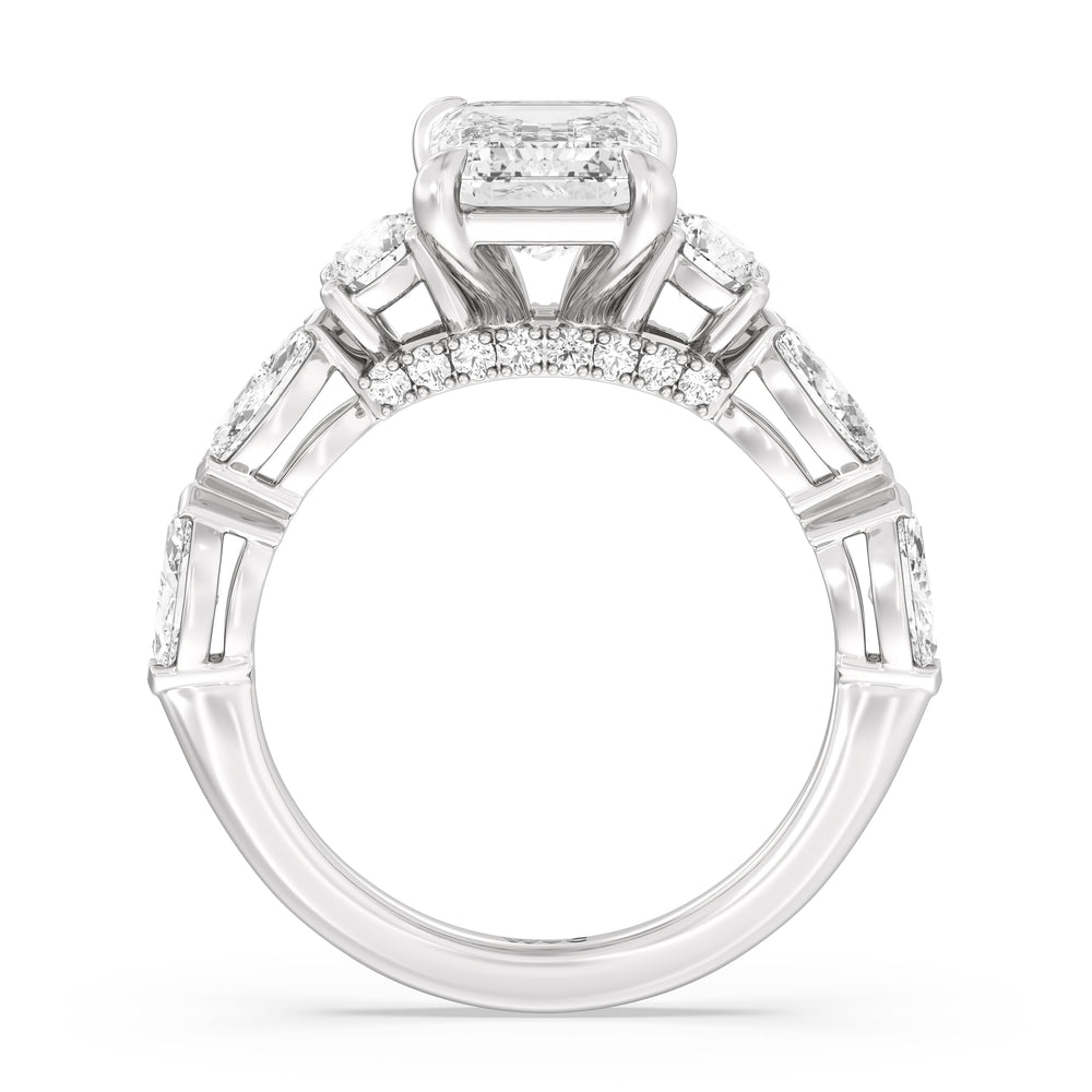 Fancy Cut Side Stone with Bridge Accent Engagement Ring with Emerald Cut Diamond in 14KT Platinum view 2
