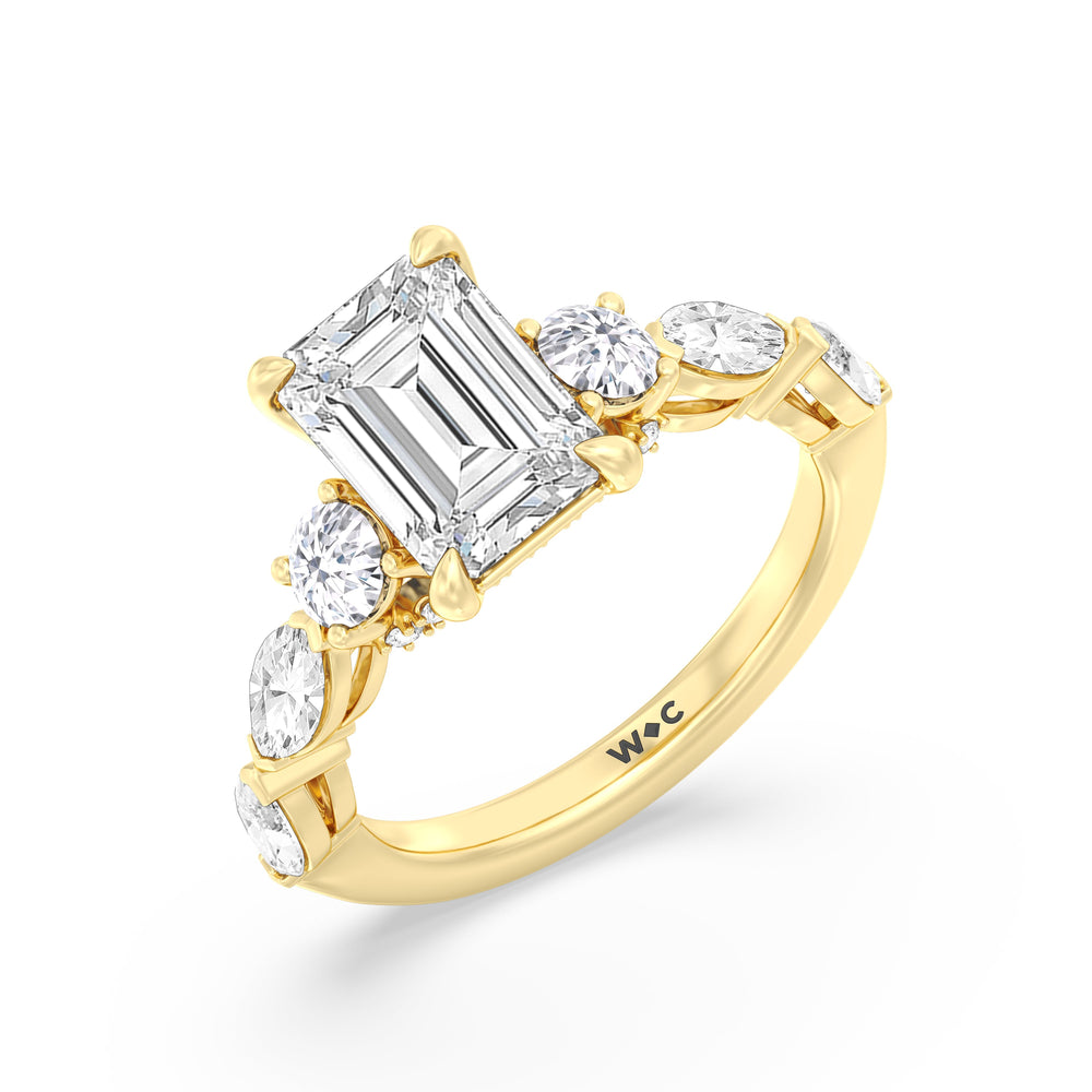 Fancy Cut Side Stone with Bridge Accent Engagement Ring with Emerald Cut Diamond in 14KT Yellow Gold view 3
