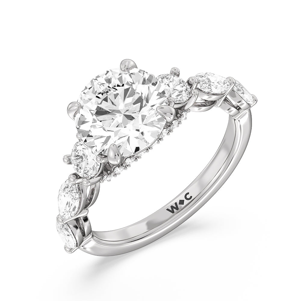 Round Cut Fancy Cut Side Stone with Bridge Accent Engagement Ring (E+ VVS+) with Lab Grown Diamond in 14KT Platinum view 3
