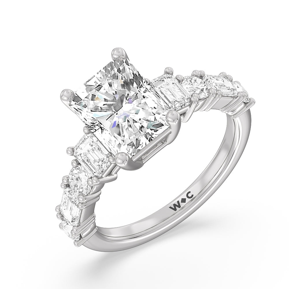 Radiant Cut Emerald and Round Side Stone Engagement Ring with Lab Grown Diamond in 14KT Platinum view 3
