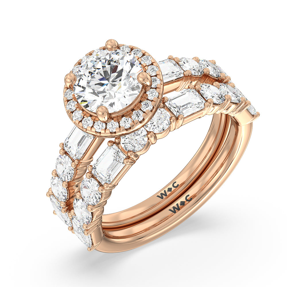 Halo Solitaire Fancy Cut Side Stones Lab Diamond Wedding Band with 18KT Rose Gold Cut Diamond in 14KT Rose Gold view 3
