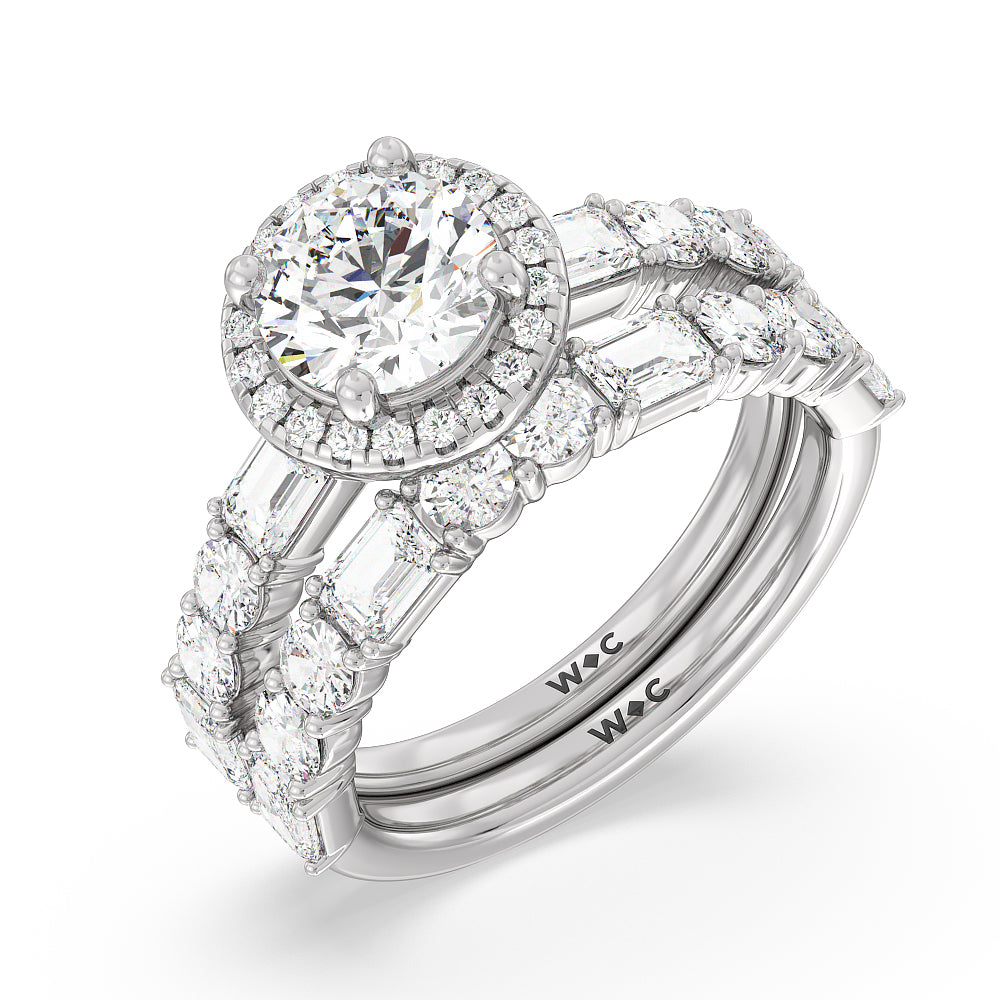 Halo Solitaire Fancy Cut Side Stones Lab Diamond Wedding Band with Platinum Cut Diamond in 14KT Platinum view 3
