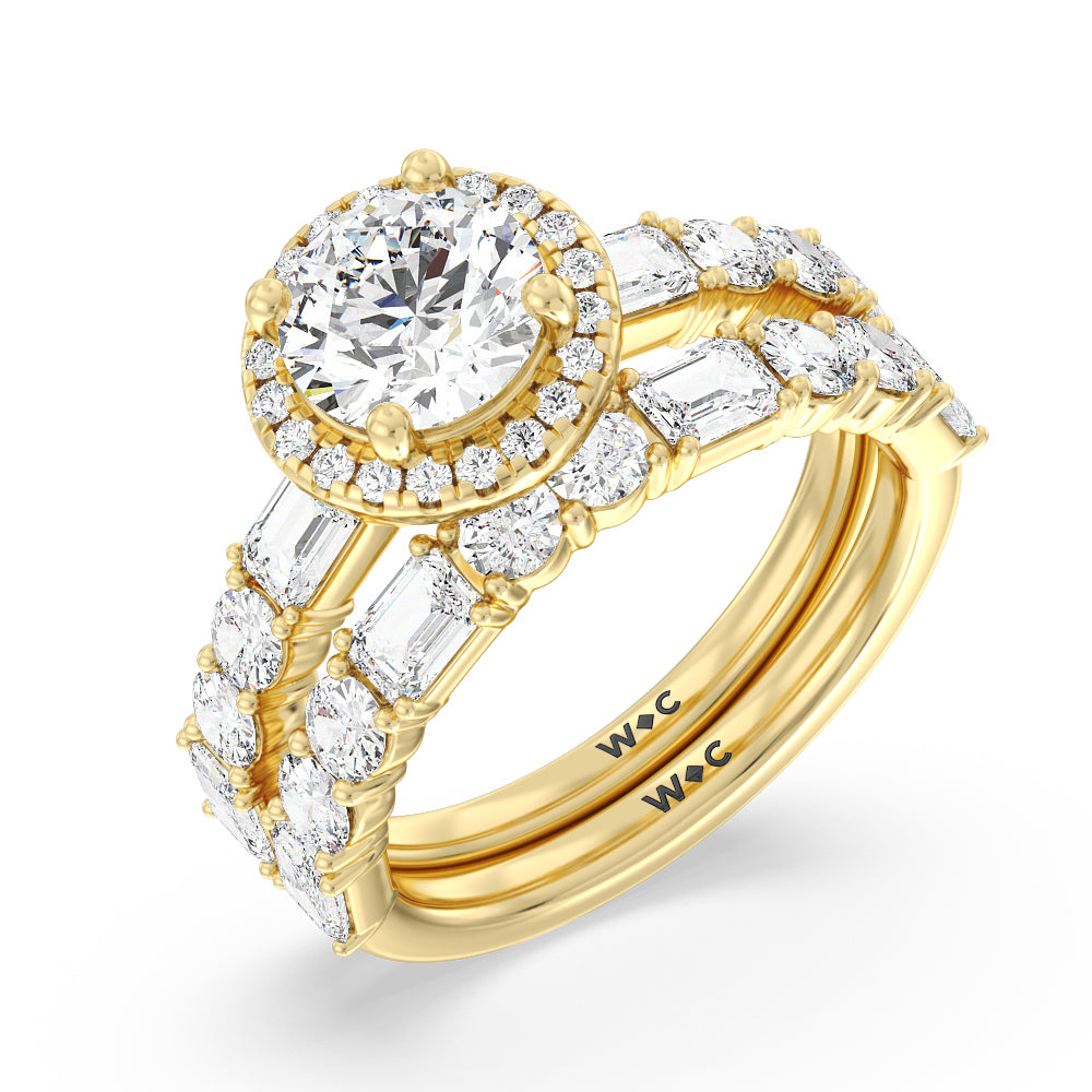 Halo Solitaire Fancy Cut Side Stones Lab Diamond Wedding Band with 18KT Yellow Gold Cut Diamond in 14KT Yellow Gold view 3

